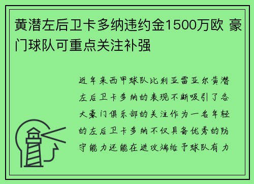 黄潜左后卫卡多纳违约金1500万欧 豪门球队可重点关注补强